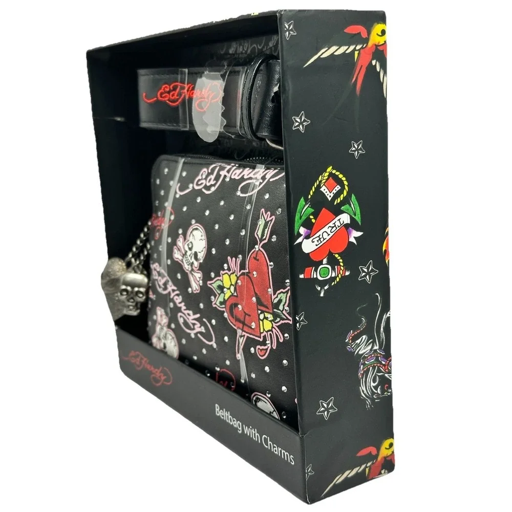 Ed Hardy Black Skull Heart Beltbag with Charms Studded Tattoo Print Boxed
